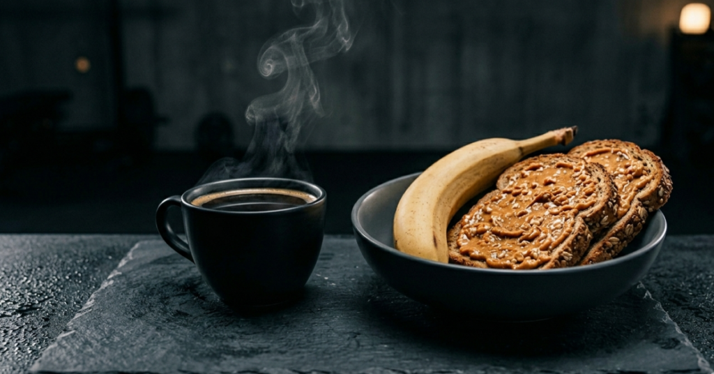 Professional pre-workout meal with black coffee, banana, and peanut butter toast on a dark backdrop to perform fitness.