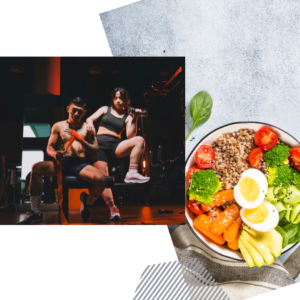 A fitness nutrition guide cover with a male and female athlete on a white and grey background training in a gym with a healthy meal bowl of eggs, avocado, and vegetables.