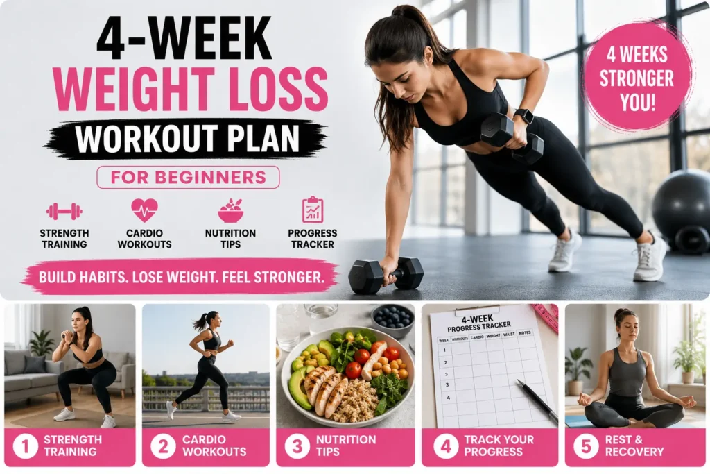 4-week weight loss workout plan for beginners with strength training, cardio, nutrition tips, progress tracking, and recovery