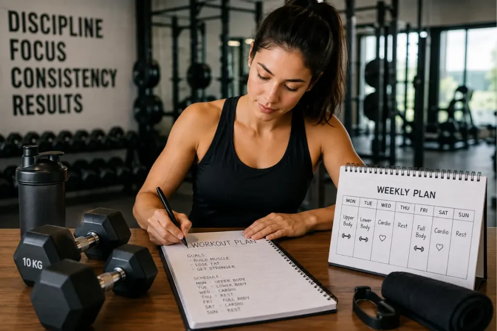 Woman creating a workout plan with dumbbells and a weekly fitness calendar in a gym.