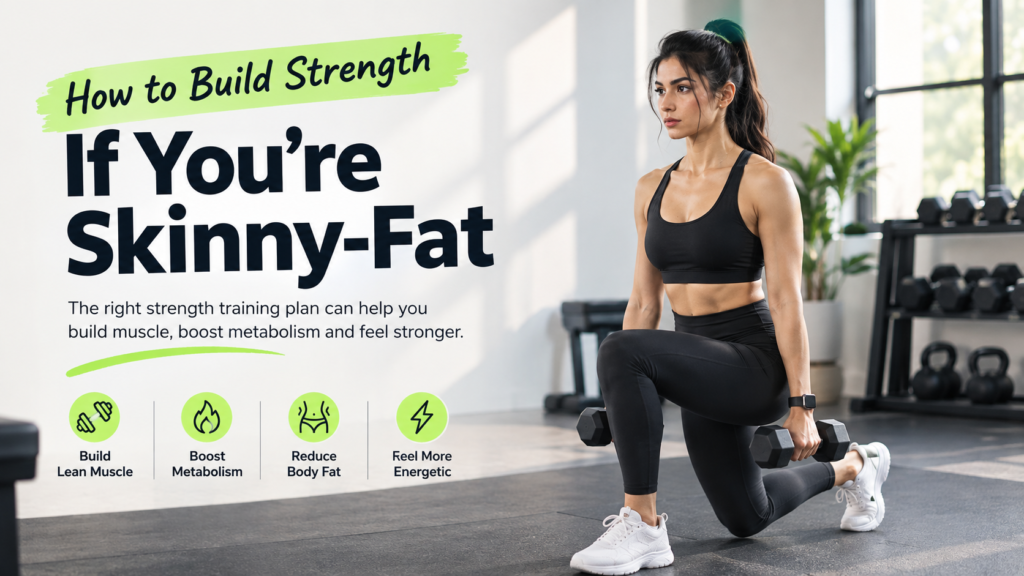 Woman performing dumbbell lunges during strength training for a skinny-fat body composition goal.